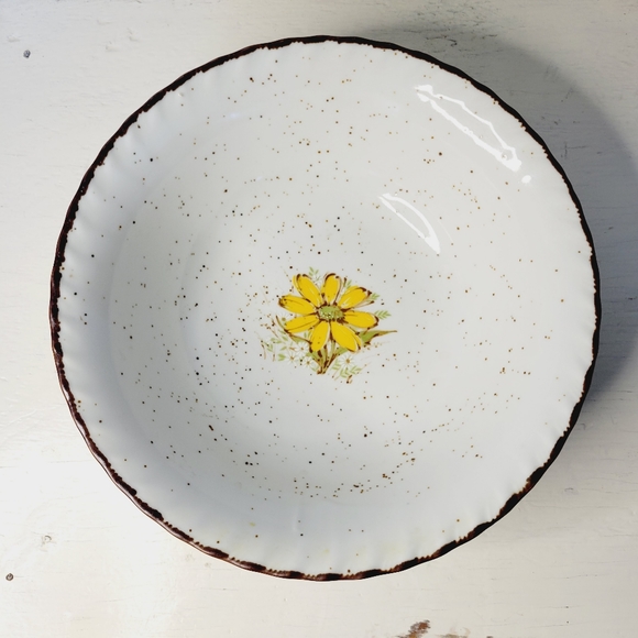 Takahashi Pottery Bowl Daisy Print Speckled White Yellow Floral Brown Rim - Picture 11 of 11